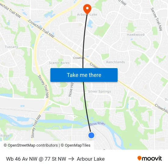 Wb 46 Av NW @ 77 St NW to Arbour Lake map