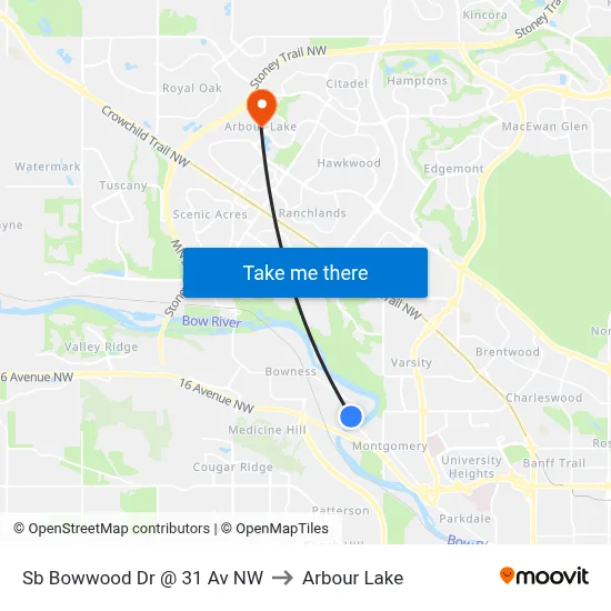 Sb Bowwood Dr @ 31 Av NW to Arbour Lake map
