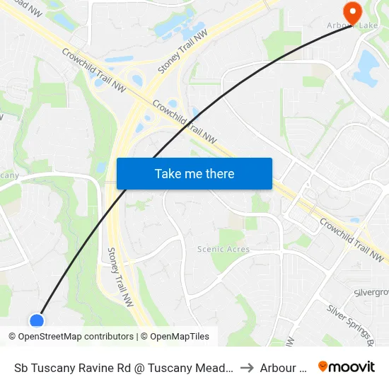 Sb Tuscany Ravine Rd @ Tuscany Meadows Dr NW to Arbour Lake map