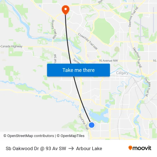 Sb Oakwood Dr @ 93 Av SW to Arbour Lake map