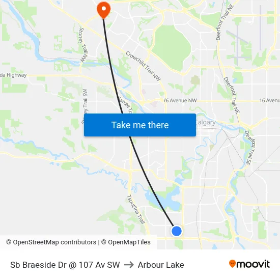 Sb Braeside Dr @ 107 Av SW to Arbour Lake map