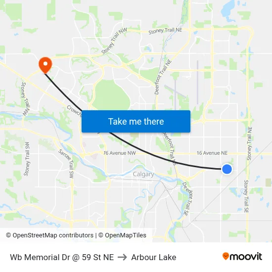 Wb Memorial Dr @ 59 St NE to Arbour Lake map