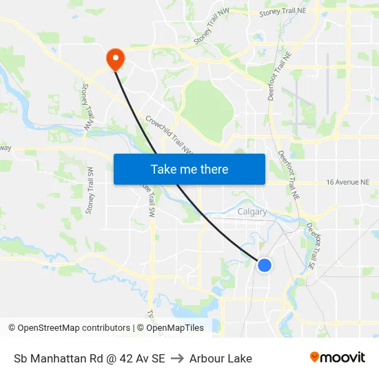 Sb Manhattan Rd @ 42 Av SE to Arbour Lake map