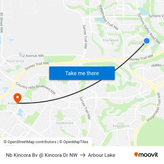 Nb Kincora Bv @ Kincora Dr NW to Arbour Lake map