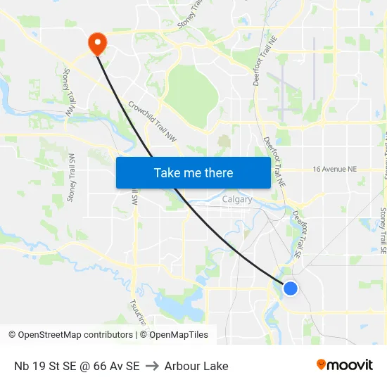 Nb 19 St SE @ 66 Av SE to Arbour Lake map