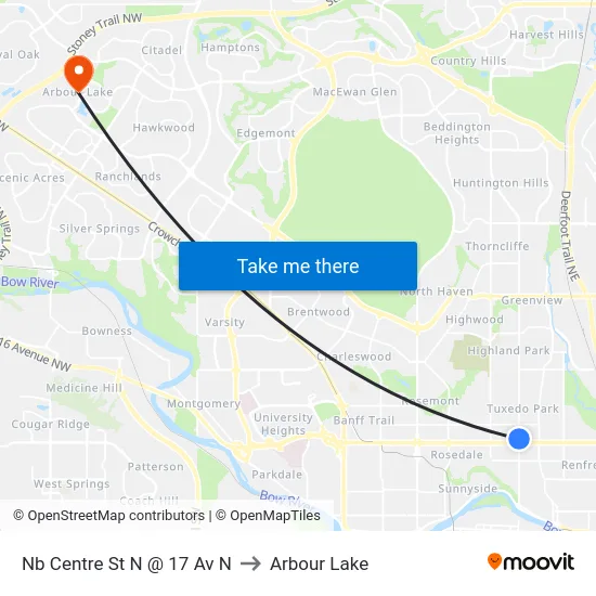 Nb Centre St N @ 17 Av N to Arbour Lake map