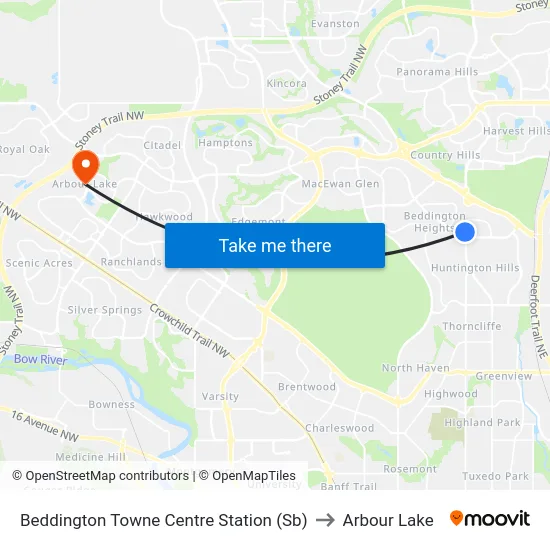 Beddington Towne Centre Station (Sb) to Arbour Lake map