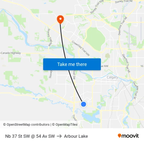 Nb 37 St SW @ 54 Av SW to Arbour Lake map