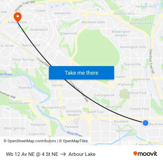 Wb 12 Av NE @ 4 St NE to Arbour Lake map