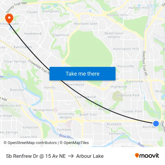 Sb Renfrew Dr @ 15 Av NE to Arbour Lake map