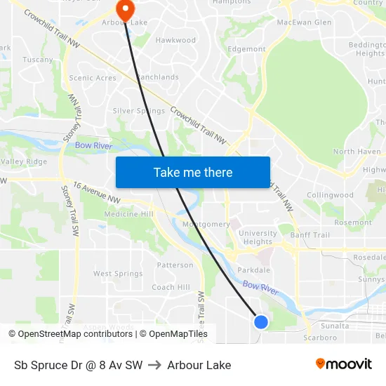 Sb Spruce Dr @ 8 Av SW to Arbour Lake map
