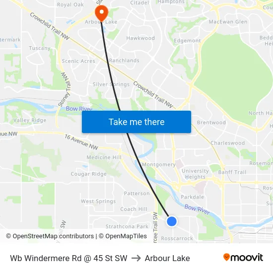 Wb Windermere Rd @ 45 St SW to Arbour Lake map