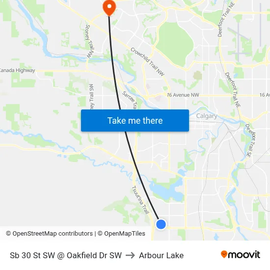 Sb 30 St SW @ Oakfield Dr SW to Arbour Lake map