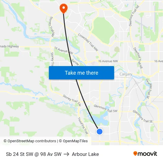 Sb 24 St SW @ 98 Av SW to Arbour Lake map