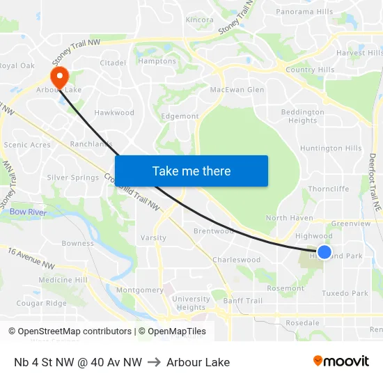 Nb 4 St NW @ 40 Av NW to Arbour Lake map