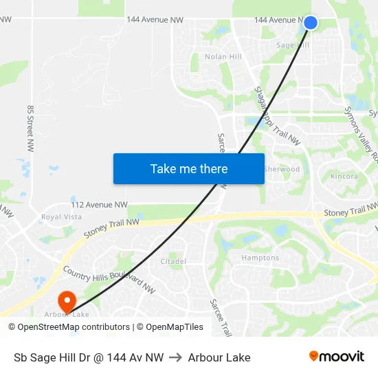 Sb Sage Hill Dr @ 144 Av NW to Arbour Lake map