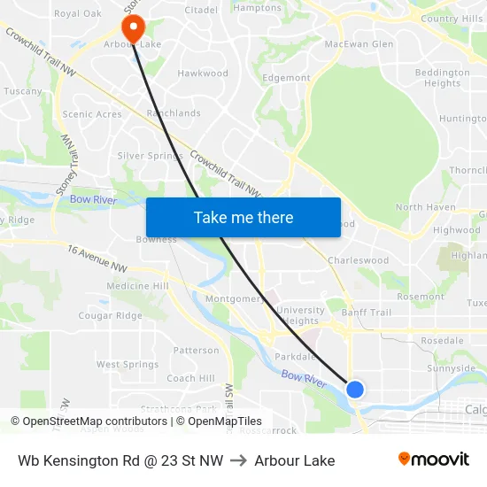 Wb Kensington Rd @ 23 St NW to Arbour Lake map