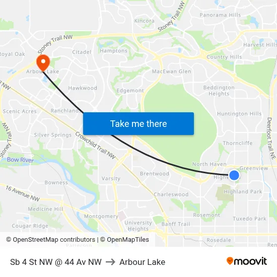 Sb 4 St NW @ 44 Av NW to Arbour Lake map