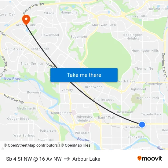 Sb 4 St NW @ 16 Av NW to Arbour Lake map