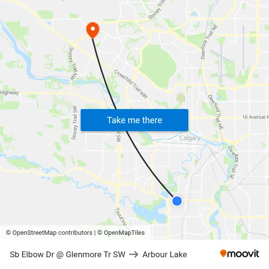 Sb Elbow Dr @ Glenmore Tr SW to Arbour Lake map