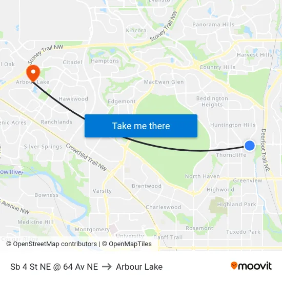 Sb 4 St NE @ 64 Av NE to Arbour Lake map
