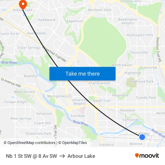 Nb 1 St SW @ 8 Av SW to Arbour Lake map