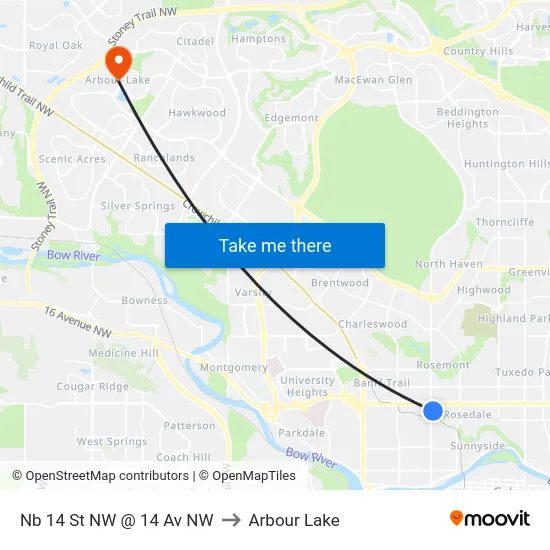Nb 14 St NW @ 14 Av NW to Arbour Lake map