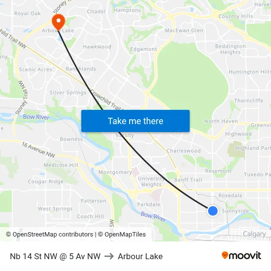 Nb 14 St NW @ 5 Av NW to Arbour Lake map