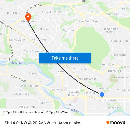 Sb 14 St NW @ 20 Av NW to Arbour Lake map