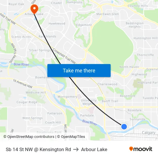 Sb 14 St NW @ Kensington Rd to Arbour Lake map