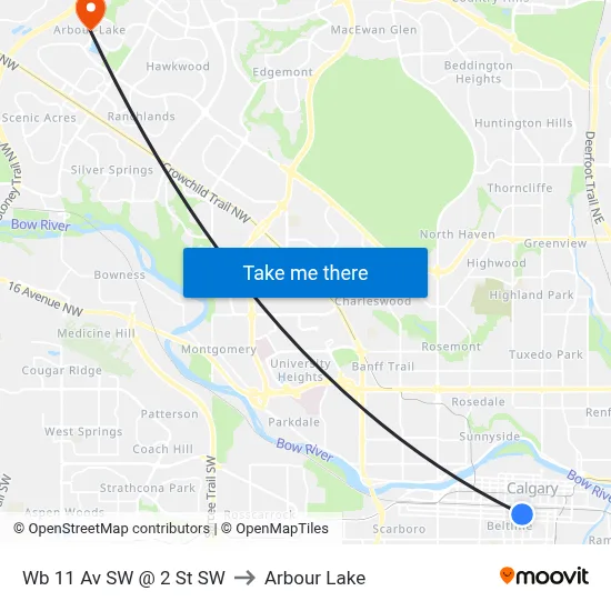 Wb 11 Av SW @ 2 St SW to Arbour Lake map