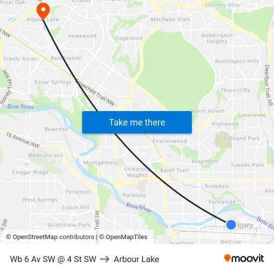 Wb 6 Av SW @ 4 St SW to Arbour Lake map