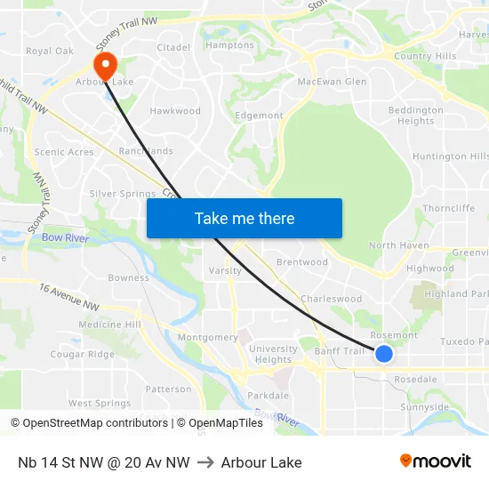 Nb 14 St NW @ 20 Av NW to Arbour Lake map