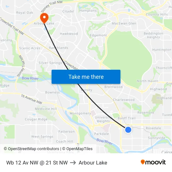 Wb 12 Av NW @ 21 St NW to Arbour Lake map