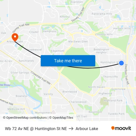 Wb 72 Av NE @ Huntington St NE to Arbour Lake map