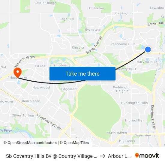 Sb Coventry Hills Bv @ Country Village Ld NE to Arbour Lake map