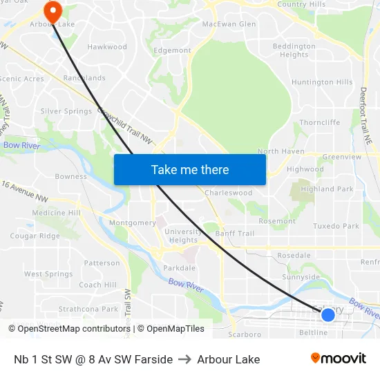 Nb 1 St SW @ 8 Av SW Farside to Arbour Lake map