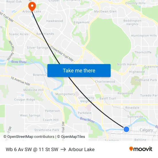 Wb 6 Av SW @ 11 St SW to Arbour Lake map