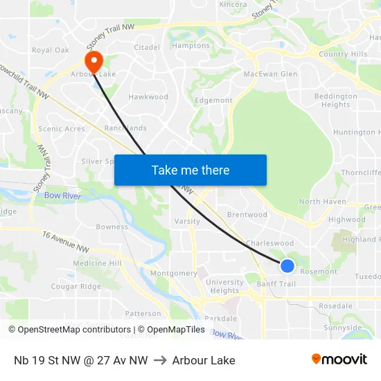 Nb 19 St NW @ 27 Av NW to Arbour Lake map