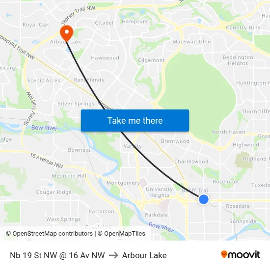 Nb 19 St NW @ 16 Av NW to Arbour Lake map