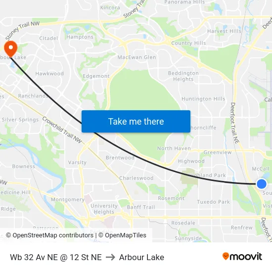 Wb 32 Av NE @ 12 St NE to Arbour Lake map
