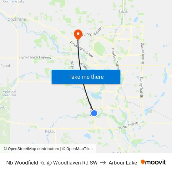 Nb Woodfield Rd @ Woodhaven Rd SW to Arbour Lake map