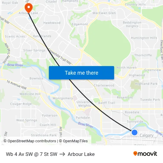 Wb 4 Av SW @ 7 St SW to Arbour Lake map