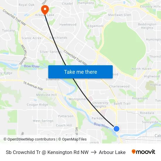 Sb Crowchild Tr @ Kensington Rd NW to Arbour Lake map