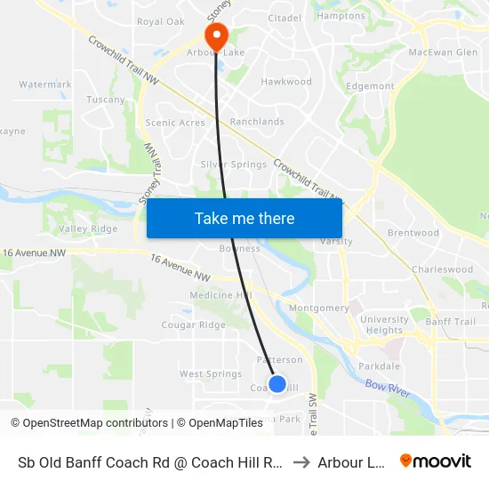 Sb  Old Banff Coach Rd @ Coach Hill Rd SW to Arbour Lake map