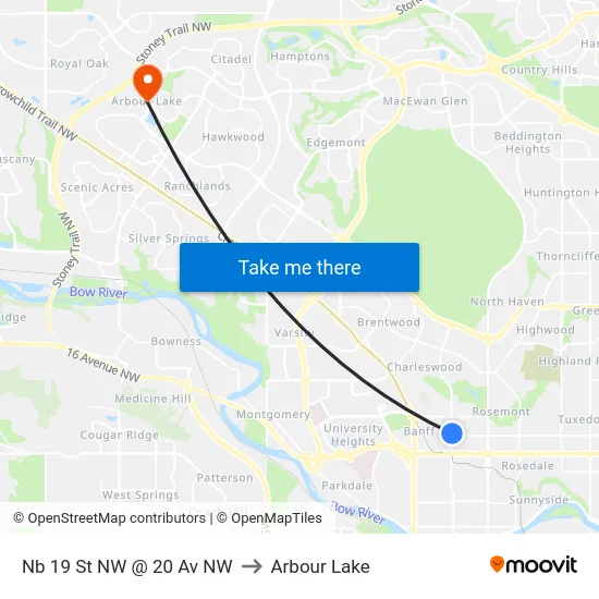 Nb 19 St NW @ 20 Av NW to Arbour Lake map