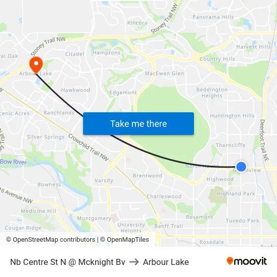 Nb Centre St N @ Mcknight Bv to Arbour Lake map