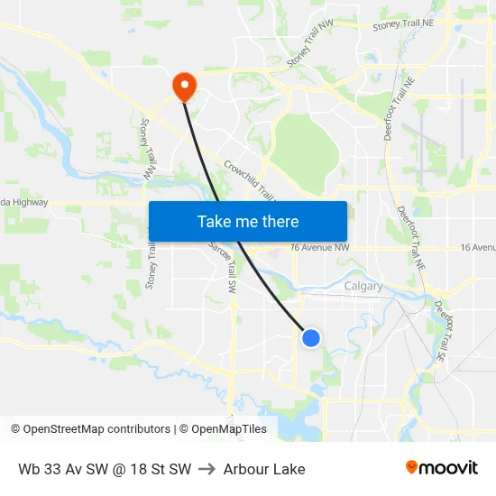 Wb 33 Av SW @ 18 St SW to Arbour Lake map