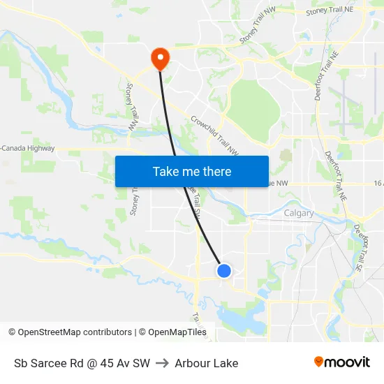 Sb Sarcee Rd @ 45 Av SW to Arbour Lake map