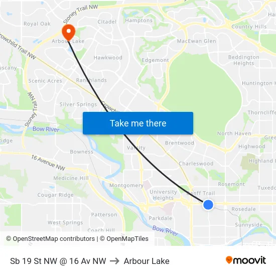 Sb 19 St NW @ 16 Av NW to Arbour Lake map